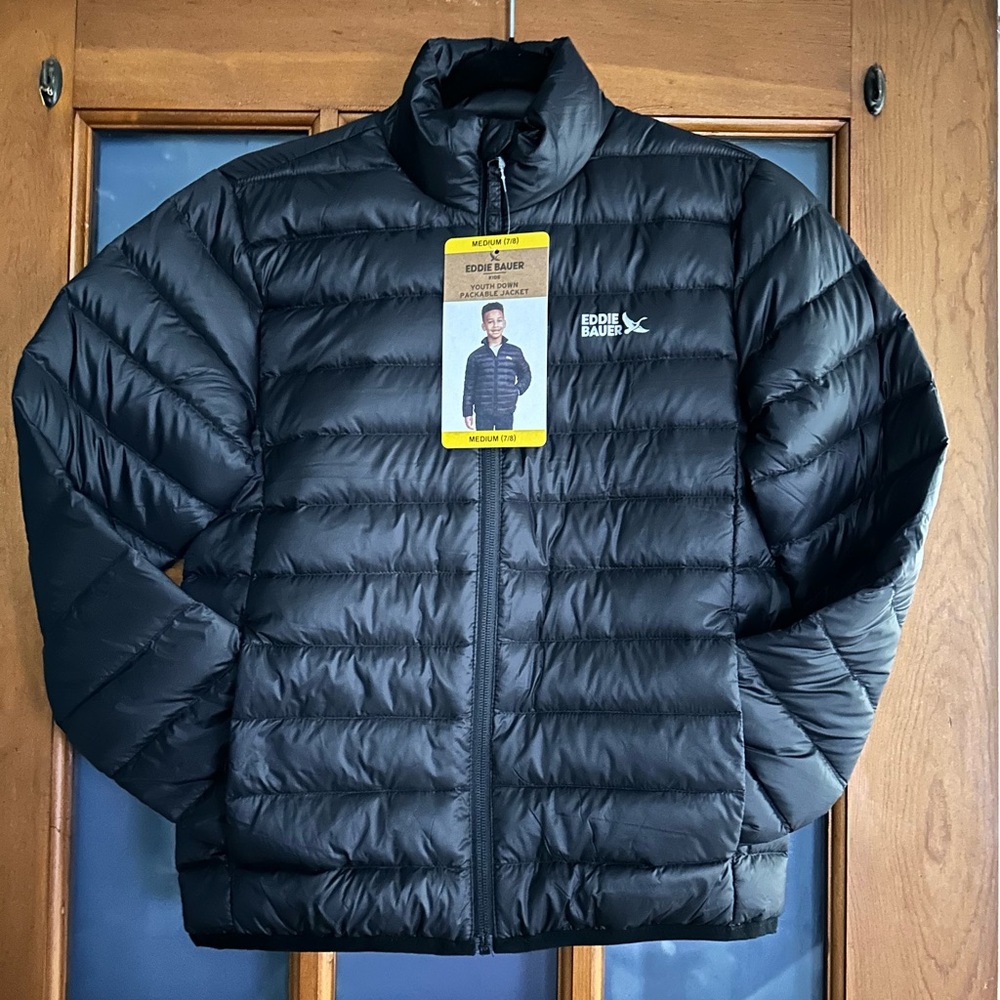 Eddie Bauer Kids Youth Down Packable Jacket Medium (7-8) Black 650 NEW